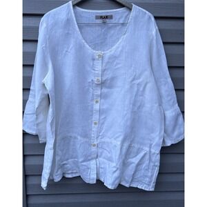 FLAX 100% Linen Womens Large  3/4 Sleeve Relaxed Fit Minimalist Top Shirt